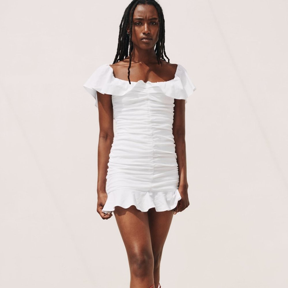 ZARA WHITE LINEN BLEND DRAPED DRESS WITH RUFFLES - Picture 2 of 10